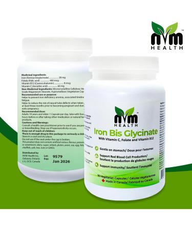 NVM Health Gentle Iron Bisglycinate with Vitamin C, B12, Folic Acid - 90 Veggie Capsules | Supports Red Blood Cell Formation & Combats Fatigue | Gluten-Free - Buy Online on GoSupps.com