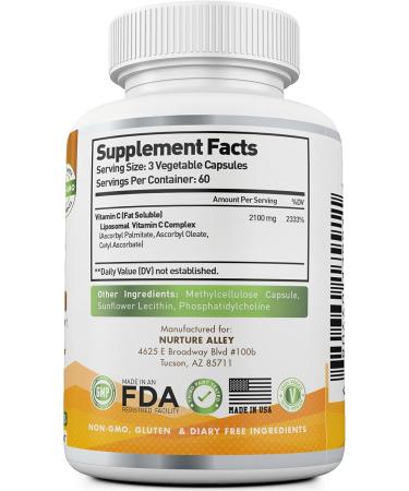 NURTURE ALLEY Liposomal Vitamin C 2100mg- 180 Capsules High Absorption Ascorbic Acid - Supports Immune System and Collagen Booster - Powerful Antioxidant High Dose Fat Soluble Supplement - Buy Online on GoSupps.com