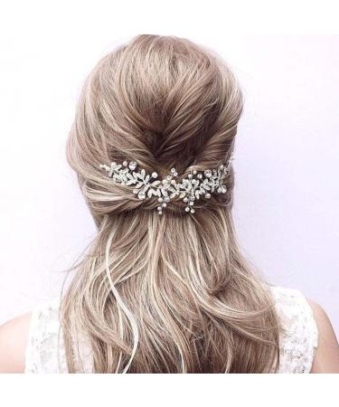 Foyte Crystal Bride Wedding Hair Comb Leaf Bridal Headpieces Rhinestone Flower Hair Vines Pearl Bridesmaid Side Combs Hair Accessories for Women and Girls (silver leaf)