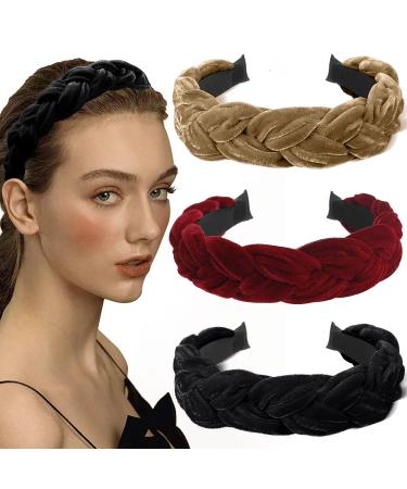 BOYIVI 3 Pieces Velvet Headbands for Women Braided Headband Criss Cross Head Band Thick Wide Hairband for Sport Yoga Accessories (Dark Color)