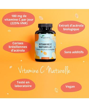 Acerola Vitamine C BIO Vegavero | UNIQUE : 100% NATURELLE - Sans Additifs | Extraction en FRANCE | 180 G lules | 1060 mg d Extrait Par Dose | VEGAN - Buy Online on GoSupps.com