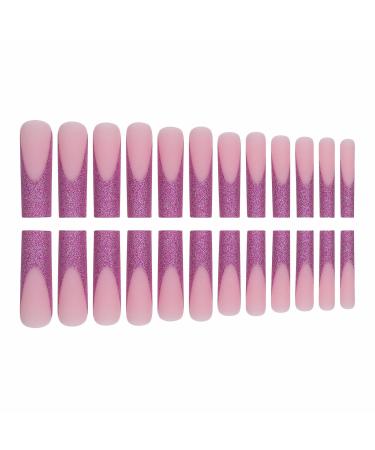 MISUD Extra Long Square Press on Nails - Matte Bling Glitter Acrylic Nails Fuchsia Sparkly Sequins French Tip Design - 24 Pcs Artificial Nails for Glamorous Looks - Buy Online on GoSupps.com