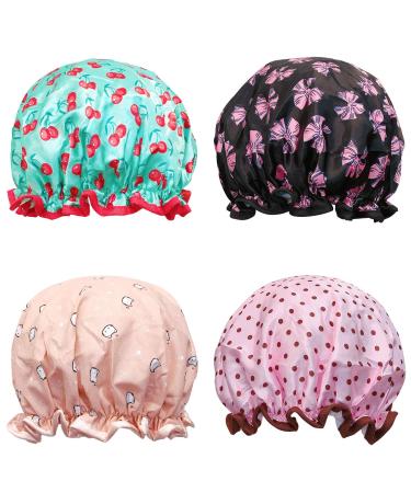 Wrapables  Stylish Double Layer Waterproof Shower Caps (Set of 4)  Dots  Cherries & Kitties Dots  Cherries & Kitties (Set of 4)
