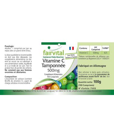 Fairvital | Vitamine C tamponn e 500mg - boite de 100 jours - VEGAN - Fortement dos - 100 comprim s - ascorbate de calcium - Buy Online on GoSupps.com