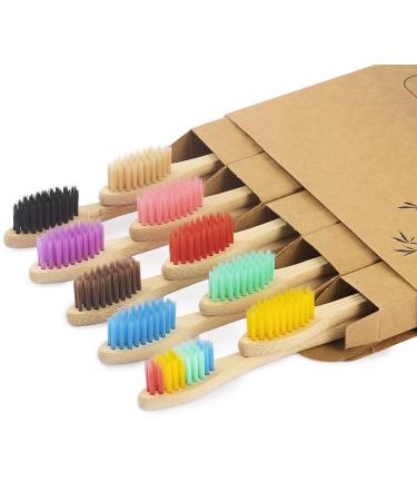 NUDUKO Biodegradable Bamboo Toothbrushes  10 Piece BPA Free Soft Bristles Toothbrushes  Natural  Eco-Friendly  Green and Compostable (Multicolored Bristles) Colorful Soft Bristles