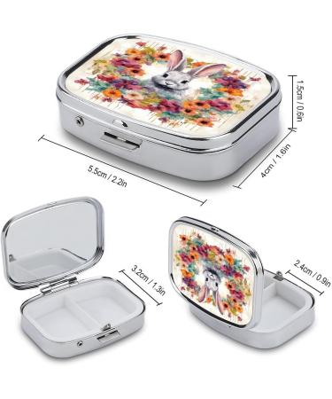 Watercolor Rabbit & Flowers Print Pill Box - 2 Compartment Metal Pill Organizer for Pocket & Purse - Decorative Medicine Storage - Buy Online on GoSupps.com