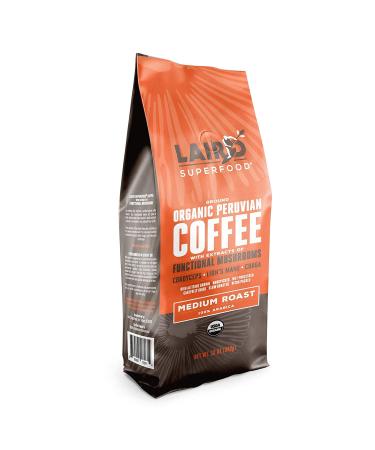 Laird Superfood Peruvian Medium Roast Coffee with Functional Mushrooms, Certified Organic Peruvian Ground Coffee Beans, Gluten-Free, Dairy-Free, Non-GMO, Paleo, Keto Friendly, 12 oz. Bag Functional Mushroom Coffee Medium R