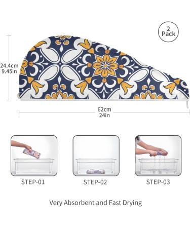 Blue Yellow Ethnic Flowers Hair Towel 2 Pack | Super Absorbent Quick Dry Hair Turbans for Women & Girls - Buy Online on GoSupps.com