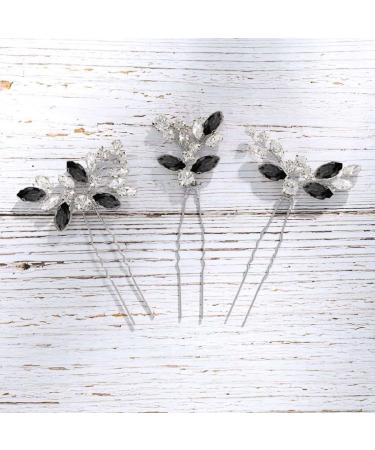 Asooll Crystal Bride Wedding Hair Pins Rhinestone Bridal Hairpiece Crystals Hair Accessories for Women and Girls (Pack of 3) (Silver-Black)