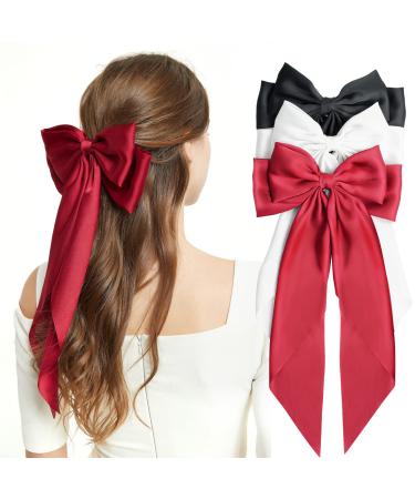 Lolalet 3 Packs Hair Bows for Women Girls Silky Satin Ribbon Barrettes Large Hair Bow Clips Scarf French Bowknot Soft Long Tails Metal Clips Hair Pins for Ponytail Bun Hair -Black/White/Red - Buy Online on GoSupps.com