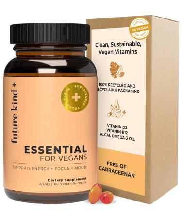 Future Kind Vegan Multivitamins - Glass Bottle & Made for Vegans w/Omega 3 DHA+EPA  Vitamin B12 & D3 - Vegan Vitamin for Energy  Focus  & Mood - Vegan Vitamins for Women & Men  60 Tiny Softgels - Buy Online on GoSupps.com