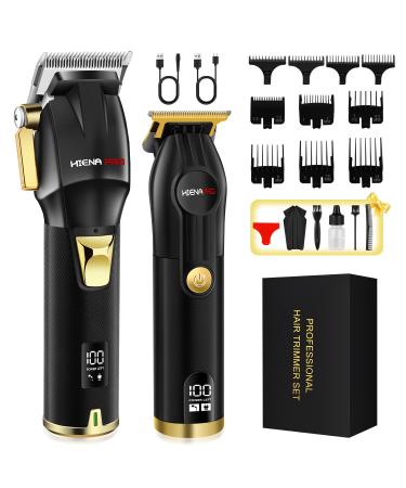 HIENA PRO Hair Clippers Men Cordless T Liners Hair Trimmer Set Men Professional Rechargeable Barber Hair Cutting Kit with Led Display Gifts for Men Black Gold