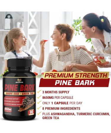 Pine Bark Extract Capsules 8650mg with Ashwagandha, Turmeric & Green Tea - Heart & Circulatory Health Support - Antioxidants Supplement - 3 Months Supply - Buy Online on GoSupps.com