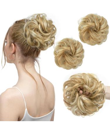 SARLA 2PCS Messy Hair Bun Hair Piece Small Scrunchies Synthetic Bun Hairpieces for Women Girls Updo Hair Extensions (Golden Blonde/Beach Blonde) Golden Blonde / Beach Blonde-2PCS