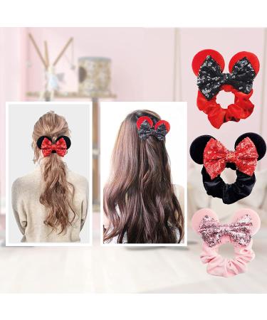 Mouse Ears Sequin Velvet Hair Scrunchies Set - Black, Red, Pink - Buy Online on GoSupps.com
