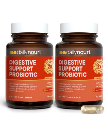 Daily Nouri Digestive Support Probiotic for Women & Men | Bloating Relief Digestive Comfort Gas & Gut Health | 3 Clinically Studied Strains + Vegan Omega Oil | 30-Day Supply 30 Count (Pack of 2)