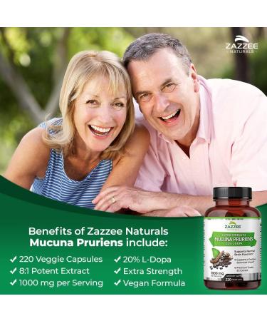 Zazzee Mucuna Pruriens 20% L-Dopa Extract 1000mg - 220 Vegan Capsules | Extra Strength, Non-GMO, Gluten Free - Buy Online on GoSupps.com