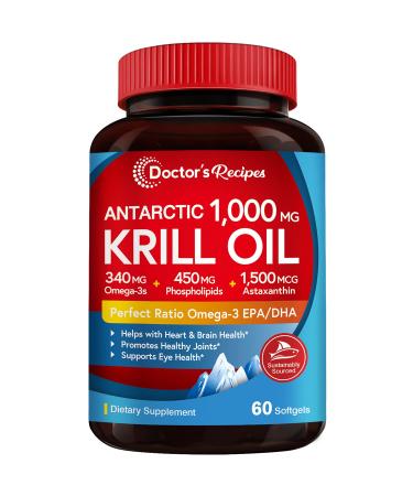 Doctors Recipes Antarctic Krill Oil, 60 Softgels 1000mg, DHA:EPA at 1:2 Perfect Ratio, 1.5mg Astaxanthin, Clean Extraction, No Fish Taste, Joint, Brain, Heart, Eye Health, Non-GMO, No Fish Gluten Soy