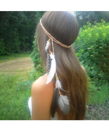 TseenYi Boho Feather Headdress Gypsy Feather Headband Hair band Beaded Feather Tassel Headband Jewelry for Women and Girls Stage Performance(Brown)