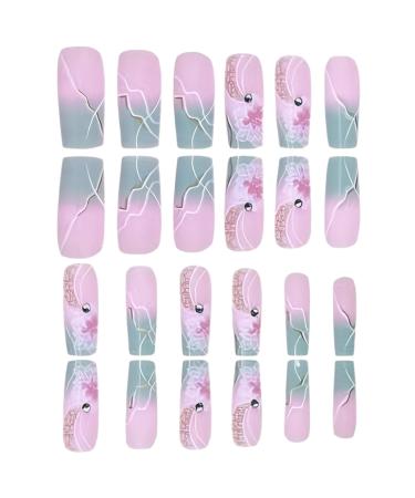 1 Set Acrylic Press on Nails Square Fake Nails with Glue Press on Nails Gradient Flower Fake Nails with Designs Full Cover Medium Coffin Press on Nails