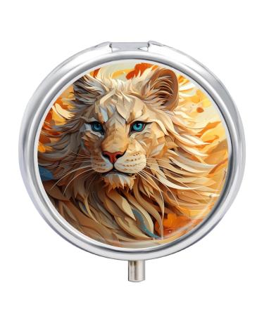 Small Travel Pill Case Round Metal Pill Box for Pocket Purse 3 Compartment Portable Pill Holder Mini Pill Organizer for Travel or Daily - Lion