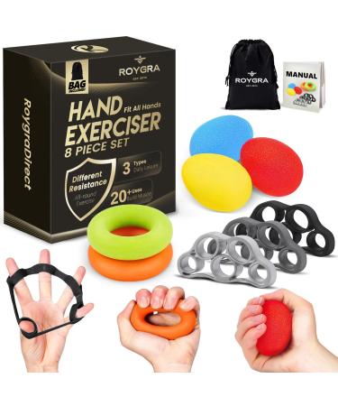 roygra Hand Exerciser, Finger Strengthener, Different Resistance Kit - 8 Pack