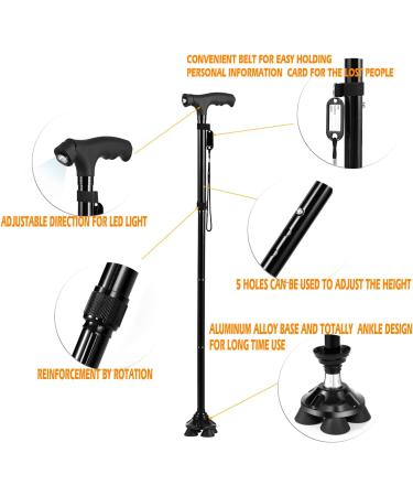 BigAlex Folding Walking Cane with LED Light & Quad Base - Adjustable Stick for Man/Woman 5.5-6.3ft - Black - Buy Online on GoSupps.com