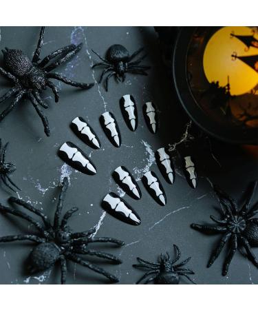 24Pcs Black White Oval False Nails - Medium Long Halloween Bone Print Design - Glue-On Acrylic Stick On Nails for Women & Girls - Buy Online on GoSupps.com