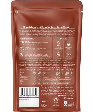 Naturya Organic Cacao Crunch Breakfast Boost - Rich in Omega-3 and Protein with Hemp Seeds Mulberries Chia Gluten-Free Vegan - 150g - Buy Online on GoSupps.com