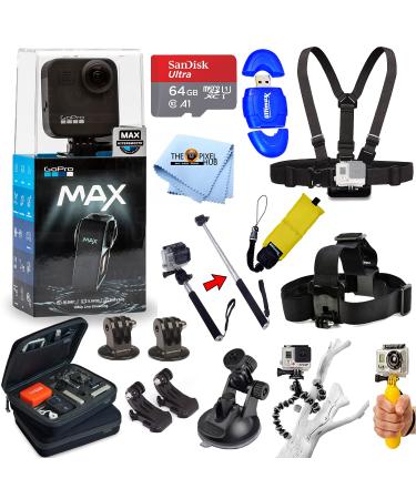 Pixel Hub GoPro MAX 360 Action Camera All in 1 PRO Accessory Bundle Includes: Extreme 64GB MicroSD, Head and Chest Strap, Floaty Bobber, Selfie Stick, Carry Case and More