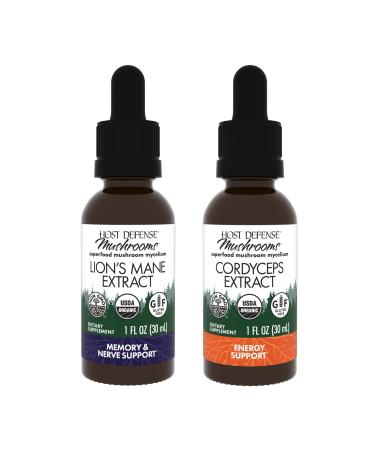 Host Defense Bundle with Lion's Mane Extract 1 fl oz & Cordyceps Extract 1 fl oz - Support Brain Health Memory & Focus - Immune & Energy Support Supplement*