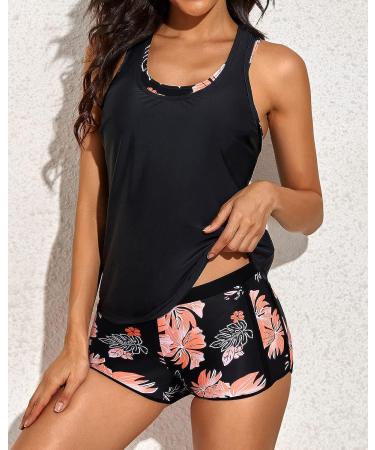 Yonique Women's 3-Piece Athletic Tankini Swimsuit Set - X-Large Pink Floral & Black - Buy Online on GoSupps.com