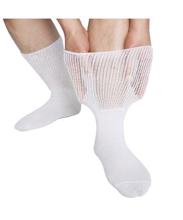 NIIRKIIR Diabetic Socks for Men Women Loose Fit Non-Binding Seamless Cuff Extra Wide Cotton Crew Socks 4 Pairs Black White Medium White 4 Pack