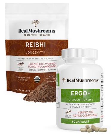 Real Mushrooms Ergothioneine (60ct) and Reishi Organic Powder (45 Servings) Bundle with Shiitake and Oyster Mushroom Extracts - Longevity and Relaxation -Vegan Gluten Free Non-GMO