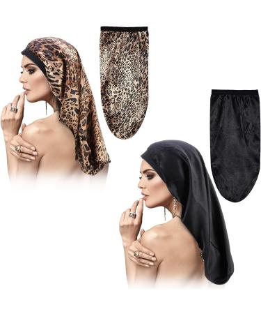2-Piece Long Satin Bonnet Set for Braids, Dreadlocks, and Curly Hair - Leopard Print Sleep Cap for Long Hair - Buy Online on GoSupps.com