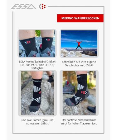 ESSA Merino Wool Hiking Socks - 2 Pairs - Breathable Trekking Socks for Men & Women - Sizes 35-38 - Black - Buy Online on GoSupps.com