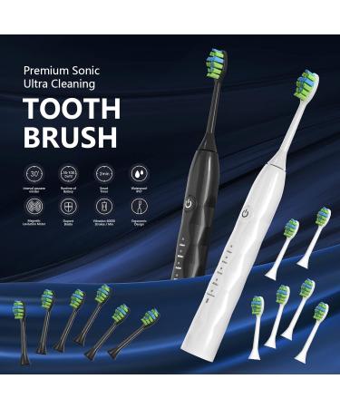 Rechargeable Sonic Electric Toothbrush 2 Pack with Travel Case - 40,000VPM Soft Toothbrushes for Adults and Kids - 5 Modes, Smart Time - Includes 12 Brush Heads - Black/White - Buy Online on GoSupps.com
