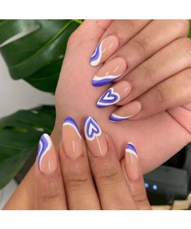 24pcs Almond False Nails Short French Blue Design Artificial Ballerina Fake Nails with Glue Full Cover Nail Tips Press On Nails A39-5