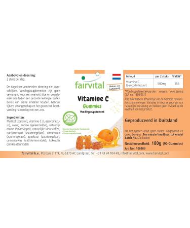 Fairvital | Gommes vitamine C - 90 pi ces - 500mg par jour - Saveur orange - Hautement dos es - 100% v g taliennes + sans sucre - Qualit contr l e et hautement dos es - Fabriqu es en allemagne - Buy Online on GoSupps.com