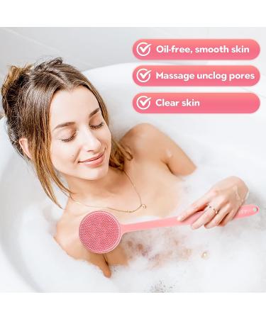 Long Handled Pink Silicone Body Scrubber for Women - Double Sided Scrub Brush with Hook - Buy Online on GoSupps.com