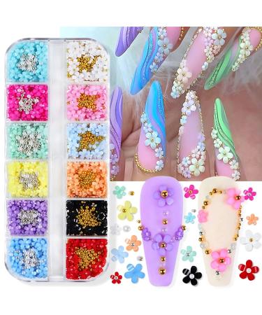 12 Colors Flower Nail Charms for Acrylic Nails  3D Acrylic Flower Nail Art Rhinestones White Pink Cheery Blossom Nail Supplies with Pearls 3D Flowers for Nails Women Manicure DIY Nail Decorations