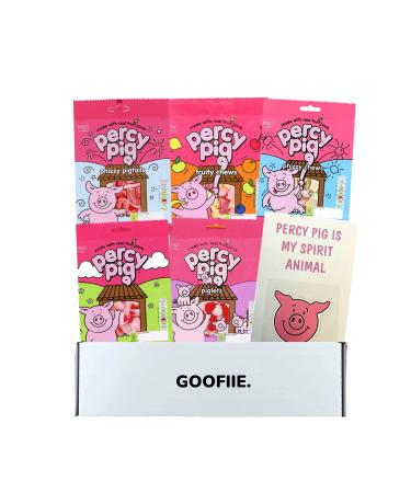 Percy Pig Sweets Gift Box Hamper | Percy Pig Fruit Gums | Pigtails | Percy Pigs Jam Sandwich Biscuits | Percy Pig Sweet Varieties | Vegetarian Sweets Hamper For Kids - Exclusive To GOOFIIE.