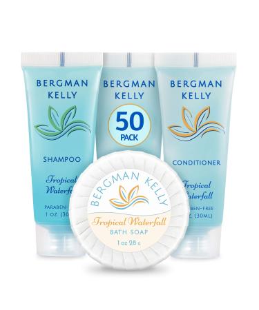 BERGMAN KELLY Round Hotel Soap Bars, Shampoo & Conditioner 3-Piece Set (1 oz each, 150 pc total, Tropical Waterfall), Delight Your Guests with Refreshing Bulk Travel Size Hotel Toiletries 150 Piece Set 50 Pack