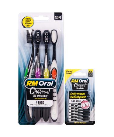 RM Oral Charcoal Whitening Soft Brushes 4ct with 80 Count Charcoal Floss Picks