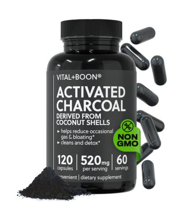 Vital+Boon Activated Charcoal Pills Derived from Coconut Shells Black Charcoal Binder for Stomach Gas & Bloating Relief Gluten Free Vegetarian Active Carbon to Support Detox (120 Capsules)