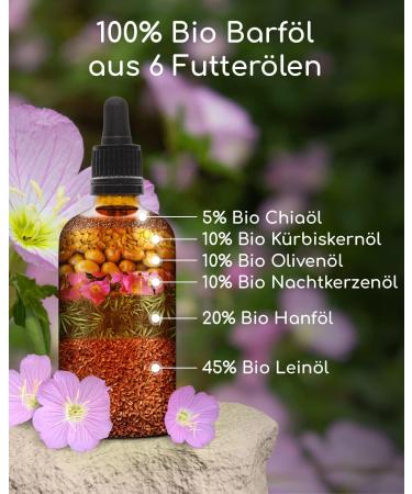 Organic BARF Feed Oil for Dogs & Cats | 100ml Cold Pressed Hemp Linseed Evening Primrose Chia Pumpkin Seed & Olive Oil | Vitamin E Rich | Organic from Germany | De- ko-060 - Buy Online on GoSupps.com