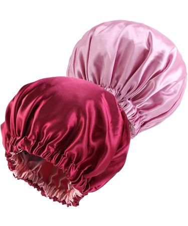 NIXISWAG 2PCS Silk Bonnet Sleep Cap for Curly Hair-Silk Hair Wrap for Sleeping-Bonnet for Women-Satin Bonnet and Hair Cap-Bonnets-Stylish Hair Bonnet with Elastic Band 1-Rose Red & 1-Pink