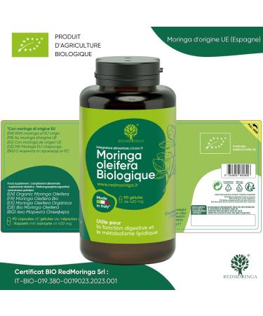 90 Organic Moringa Capsules | The Only Spanish Organic Moringa Made in Italy | Vegans Without Additives | Super Antioxidant Rich in Vitamins and Vegetable Proteins | High Quality RedMoringa - Buy Online on GoSupps.com
