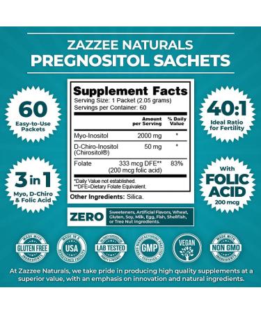 Zazzee PREGNOSITOL 60 Day Supply - Premium Myo-Inositol D-Chiro-Inositol and Folic Acid Blend - Vegan, Non-GMO, 40:1 Ratio - 60 Easy-Tear Packets - Buy Online on GoSupps.com