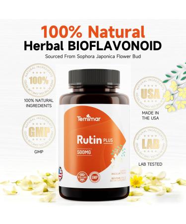 Temimar Rutin 500mg Supplement, Flavonoids Supplements from Sophora Japonica, Supports Vascular Health & Antioxidents, Non-GMO, Gluten-Free, Made in USA, 180 Vegan Capsules - Buy Online on GoSupps.com